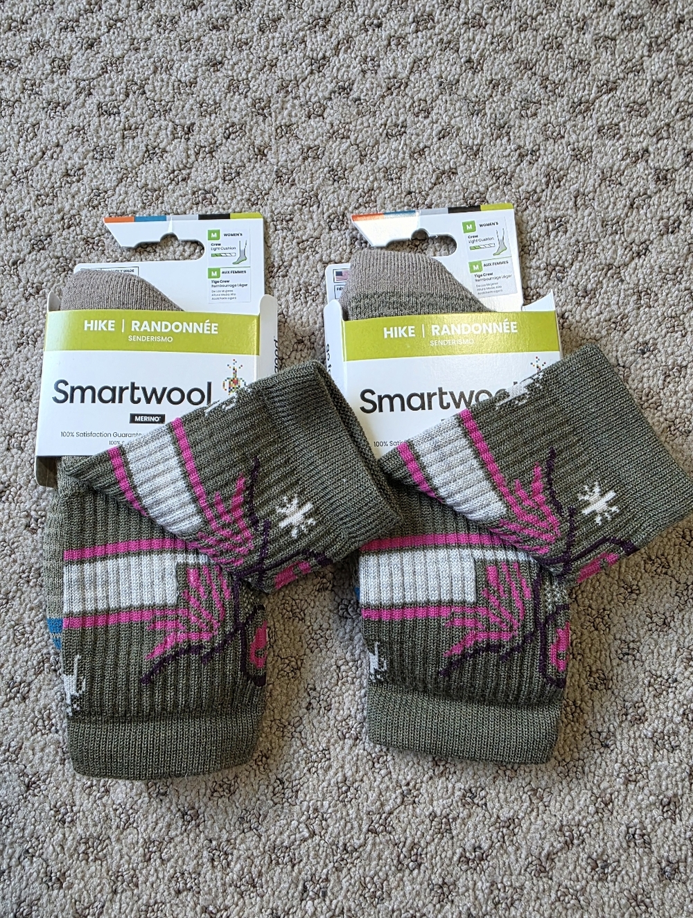 Smartwool Womens Olive & Pink Patterned Hike Crew Socks